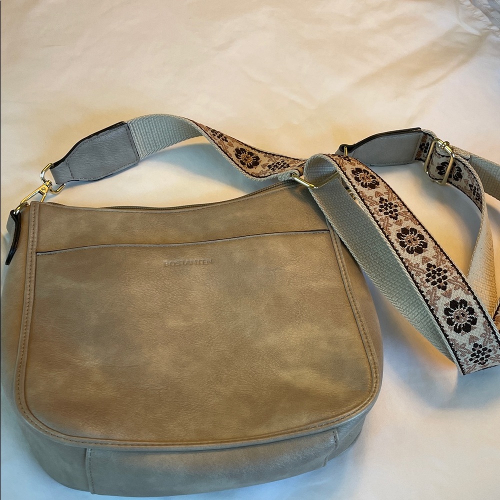 Beige Shoulder Bag with Floral Strap